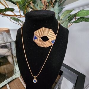 #2570, AVON 1980's "BLUE NILE" ART DECO BROOCH & SAPPHIRE HALO NECKLACE. 
